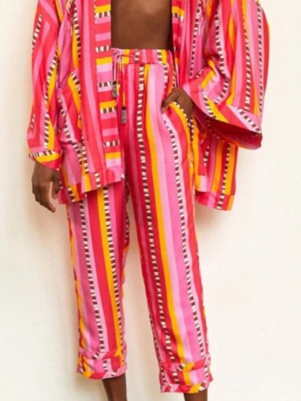 Farm Rio Lucy Striped Pink Yellow Pull-On Beaded Drawstring Pants Size S